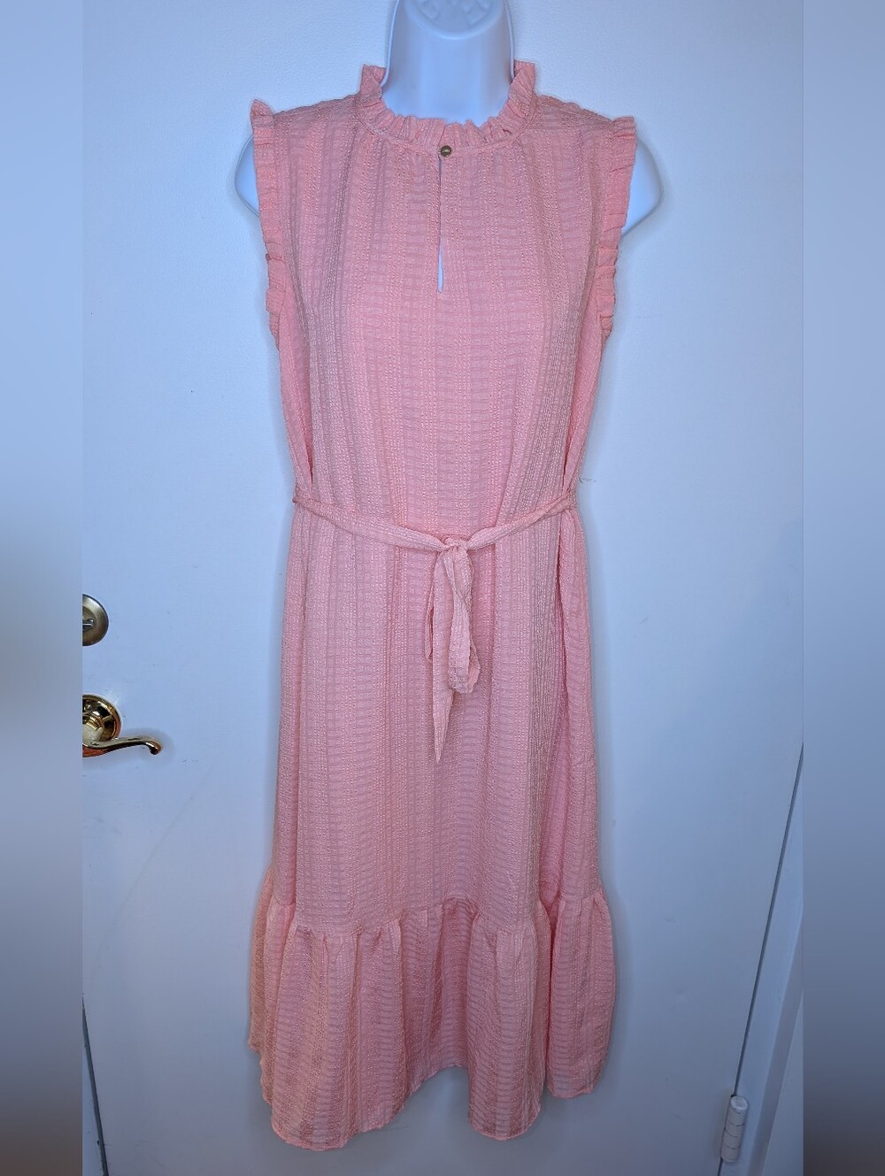 LOFT Blush Pink Ruffle-Trim Midi Dress with Waist Tie